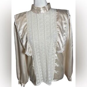 Vintage Melody Brooke 9 Cream Lace & Ruffle Front Long Sleeve Blouse